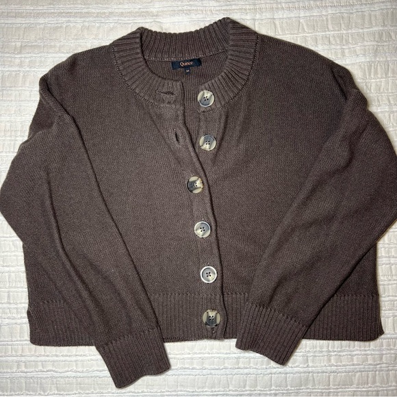 Quince Chocolate Heather Brown Cotton Cropped Cardigan Sweater - Picture 2 of 4